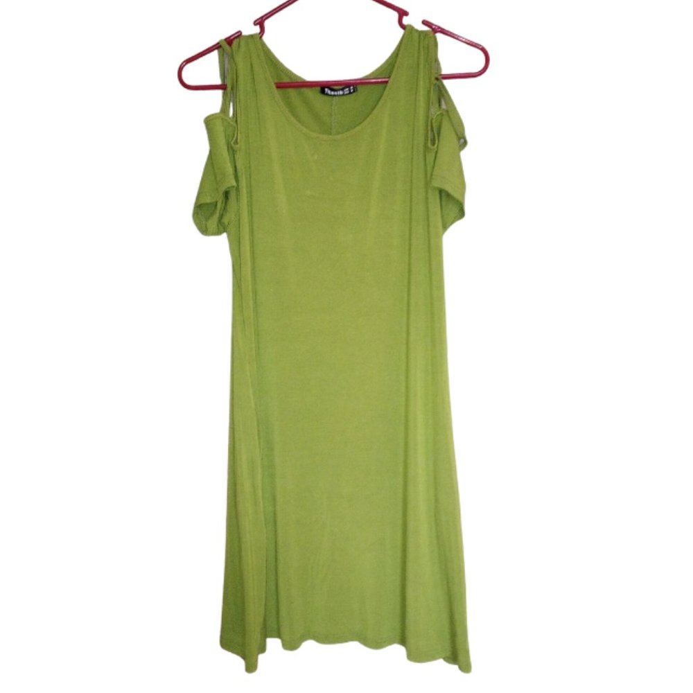 Thanth Criss Cross Cold Shoulder Sleeve Dress Tunic Pockets Green Size M…